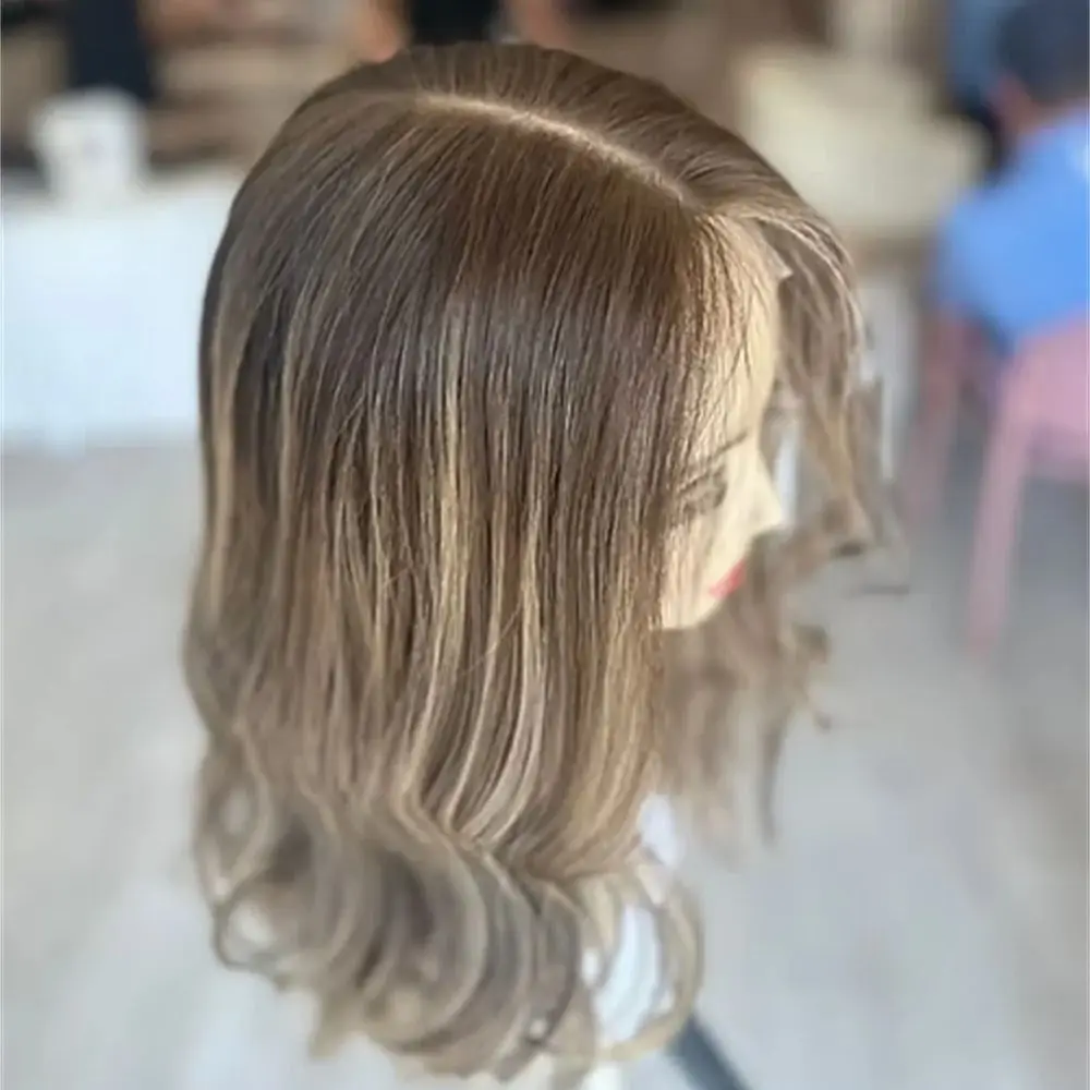 

Heat Safe Synthetic Lace Front Wig Brunette Brown Highlights 20 Inches Bouncy Wavy Wig For Women Realistic Top Deep Parting Wig