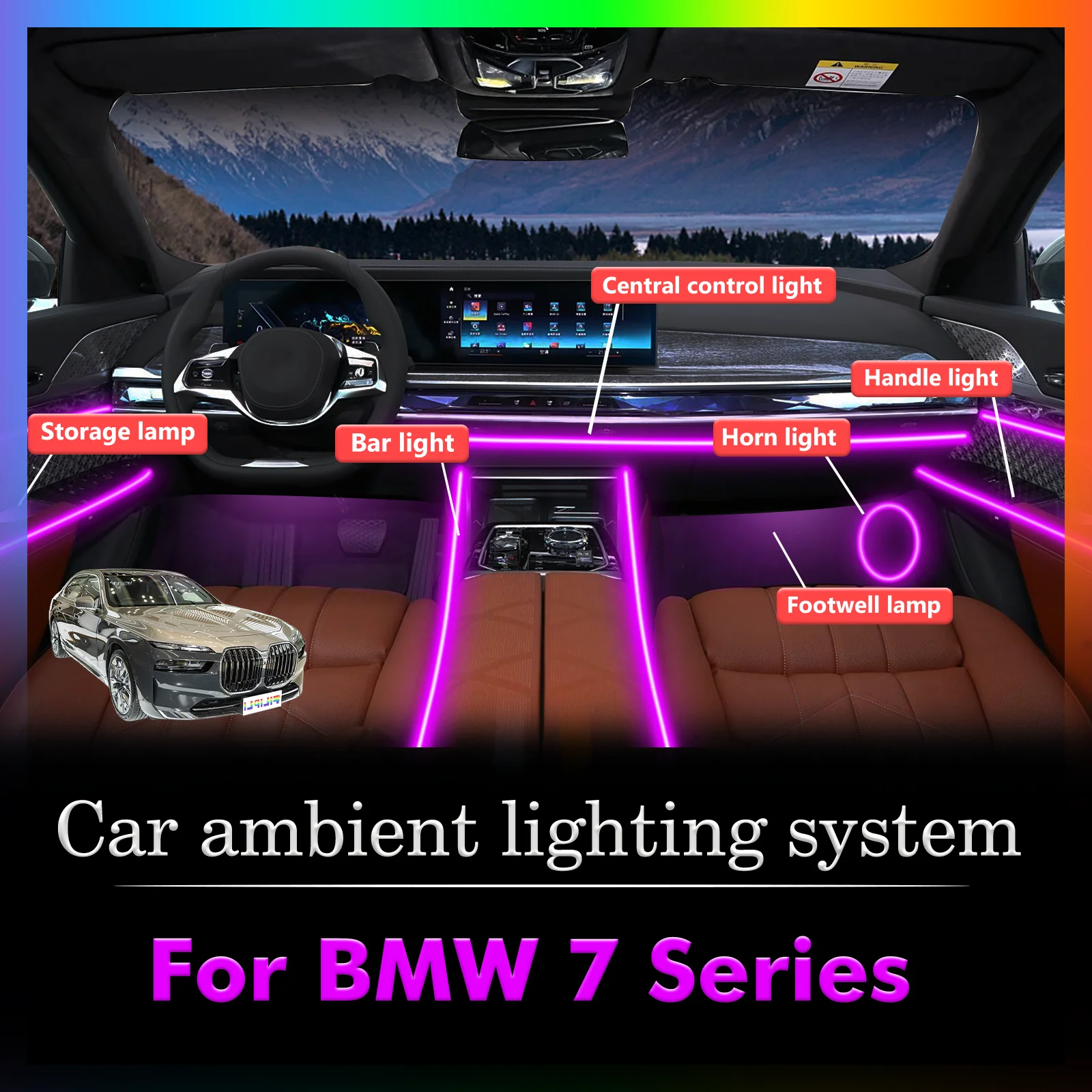 

For BMW 7 Series Car Interior Mood Ambient Light RGB 64-Color LED Smart Remote Control Atmosphere Lamp Energy Saving Kit