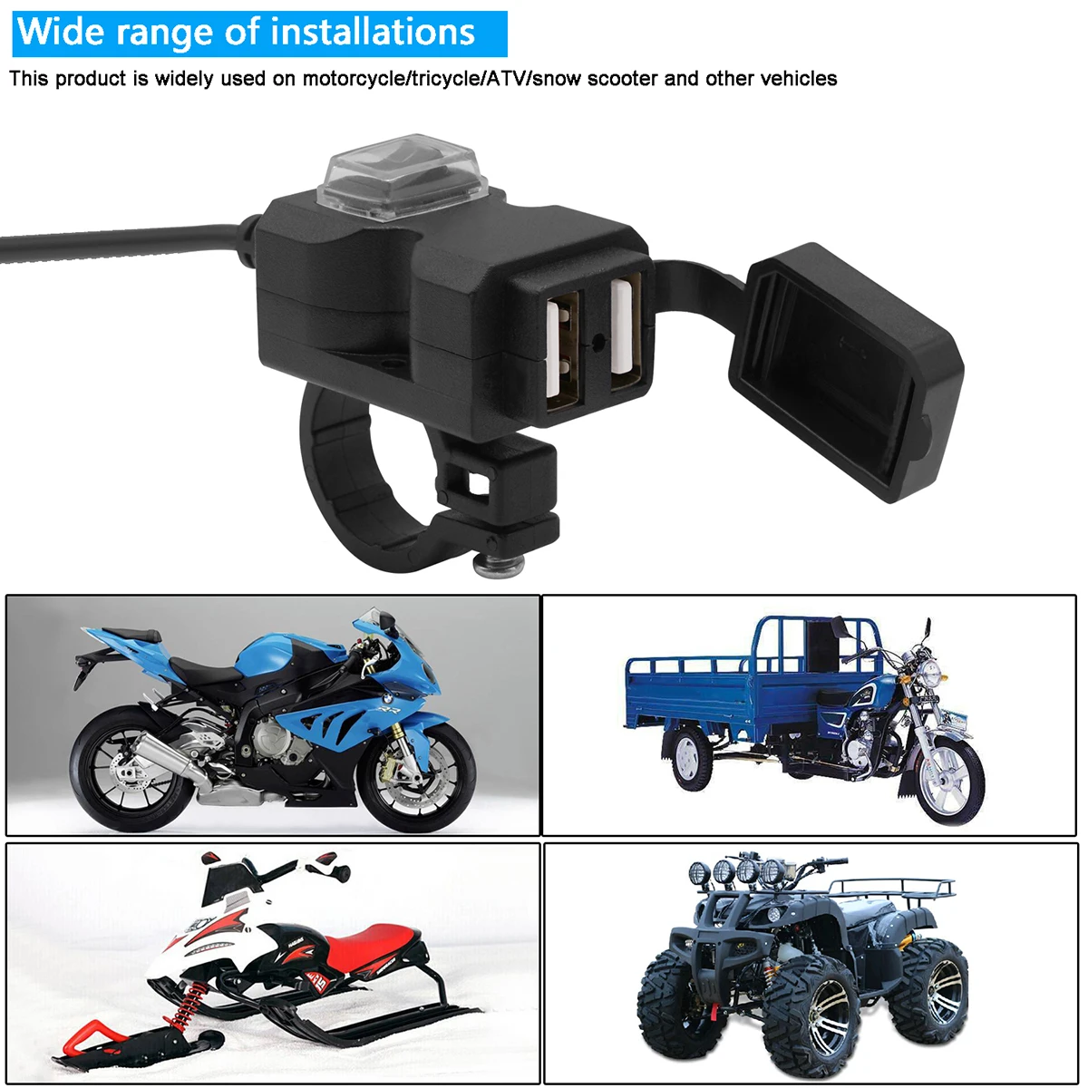 

Motorcycle Mobile Phone 12V USB Power Adapter Waterproof Fog Dust Rain Rearview Mirror Black Bike