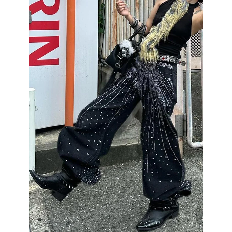 

Женские винтажные джинсы Y2k со стразами Harajuku, черные мешковатые джинсовые брюки в стиле гот, японские брюки 2000-х, 90-х годов, уличная одежда в стиле гранж