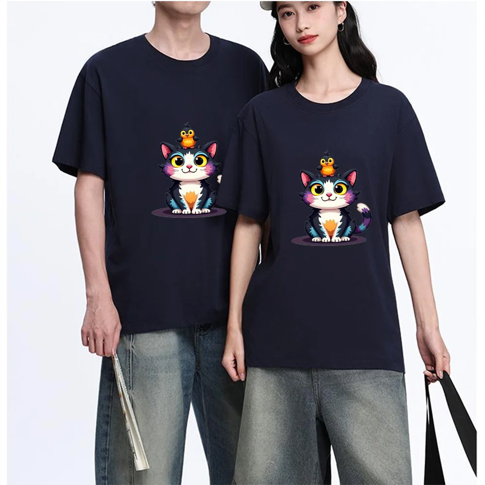 Cute Cat And Bird Graphic Printed T Shirt Breathable Fabric S-XXL Personalized Custom Casual Short Sleeve Tee Unisex Fit Aesthet