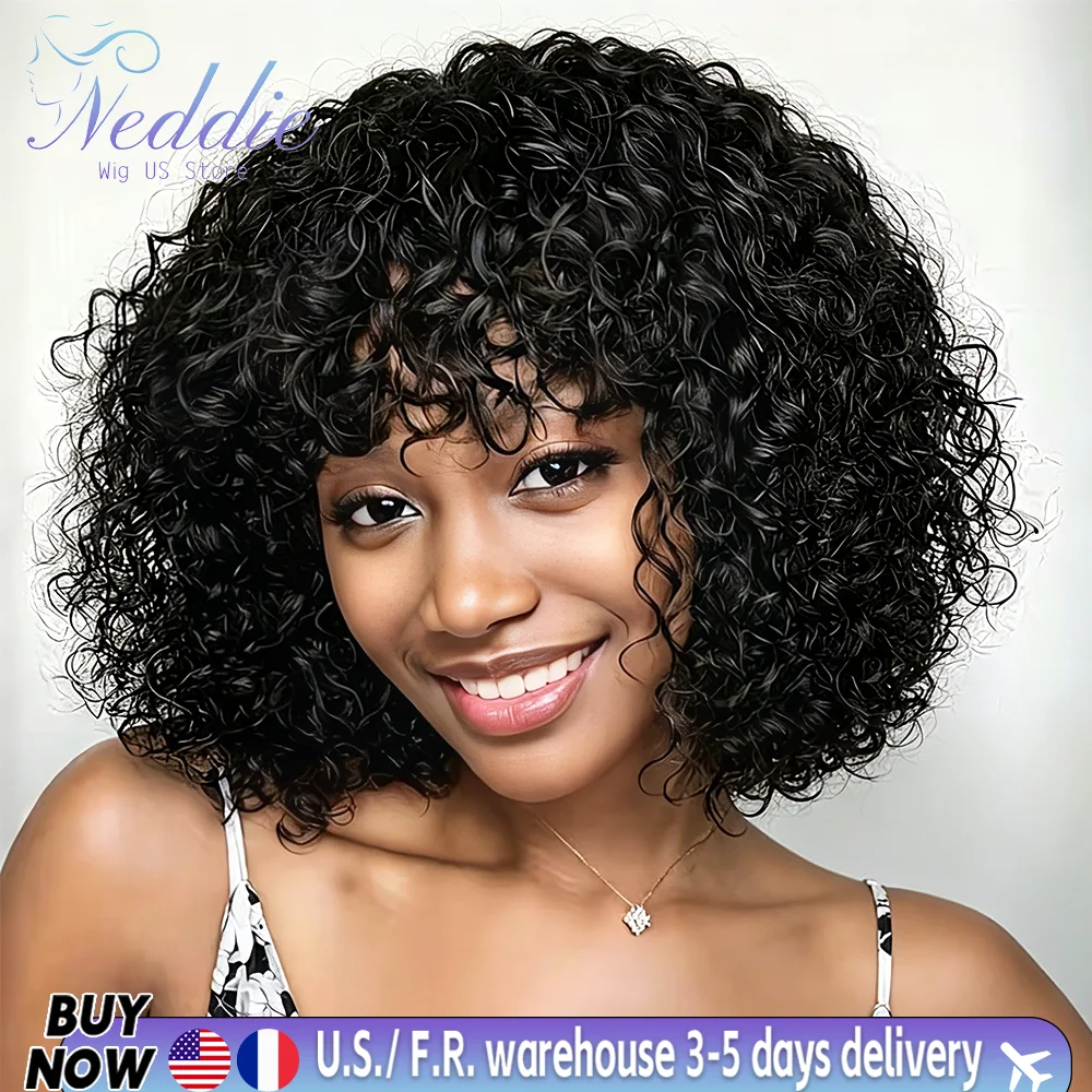Perruque Neddie Deep Water Wave en cheveux humains avec frange, perruque brésilienne sans colle, facile à poser, fabriquée à la machine, perruque courte bouclée style bob, densité 210%