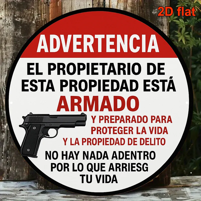 2D Flat, 1pc Round Aluminum Sign - Armed Homeowner Warning Sign with Bilingual English/Spanish Text, Vintage Security