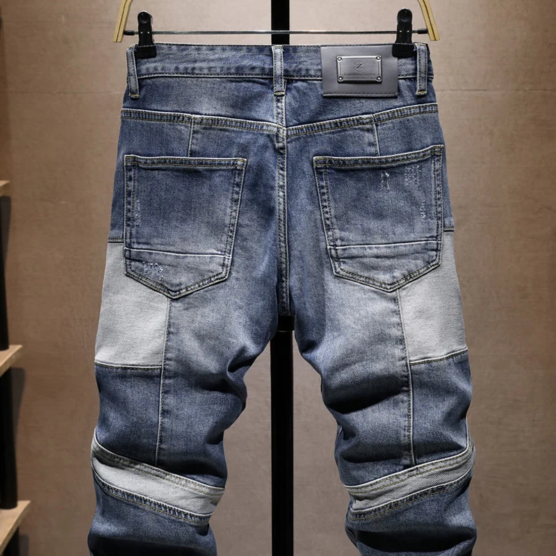 Jeans Pria Fashion Desainer Jalanan Jeans Robek Sambungan Slim Fit Biru Dicuci Retro Celana Denim Antik Hip Hop Pria Hombre
