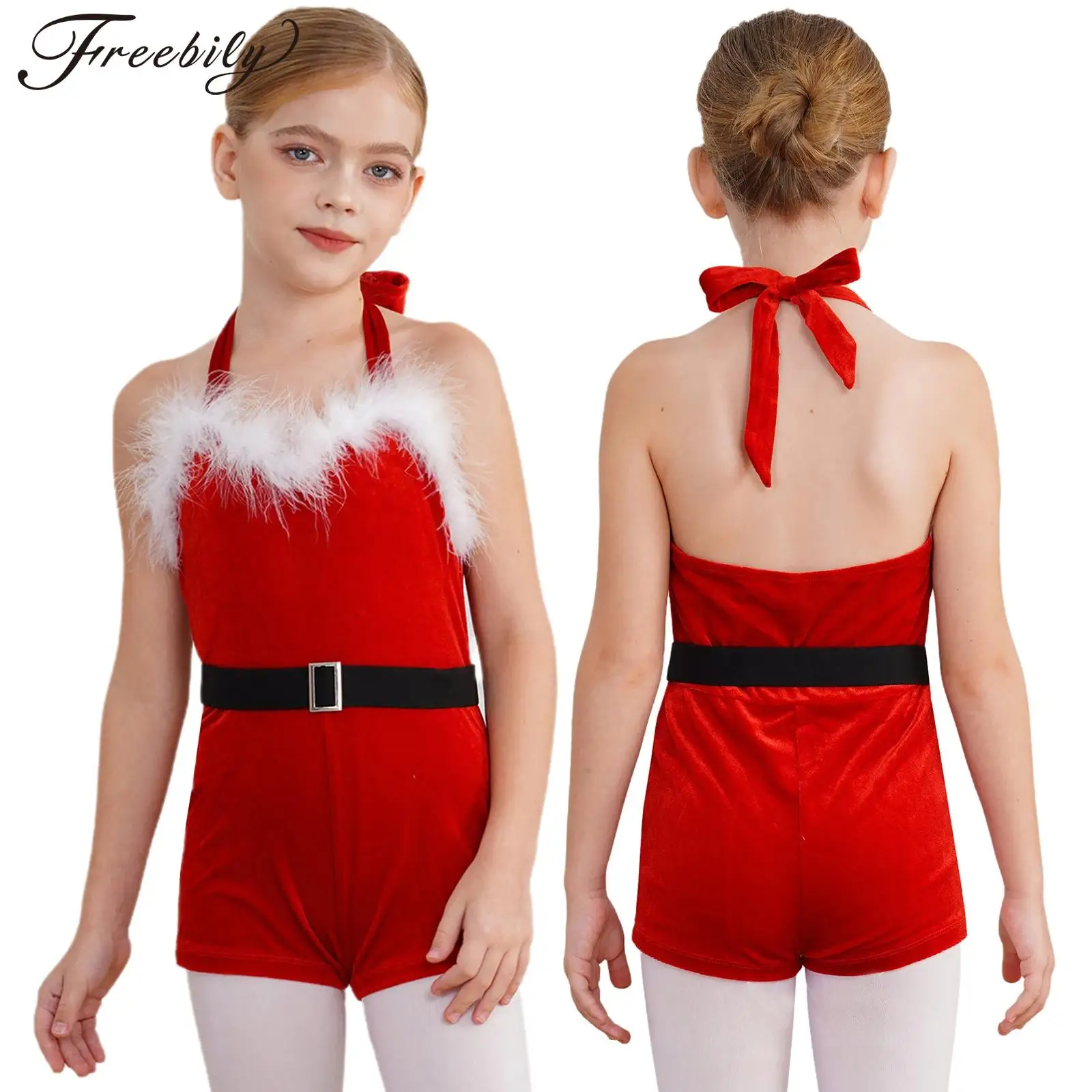 Kids Girl Christmas New Year Bodysuit Xmas Halloween Carnival Party Santa Claus Cosplay Costume Halter Velvet Jumpsuit with Belt