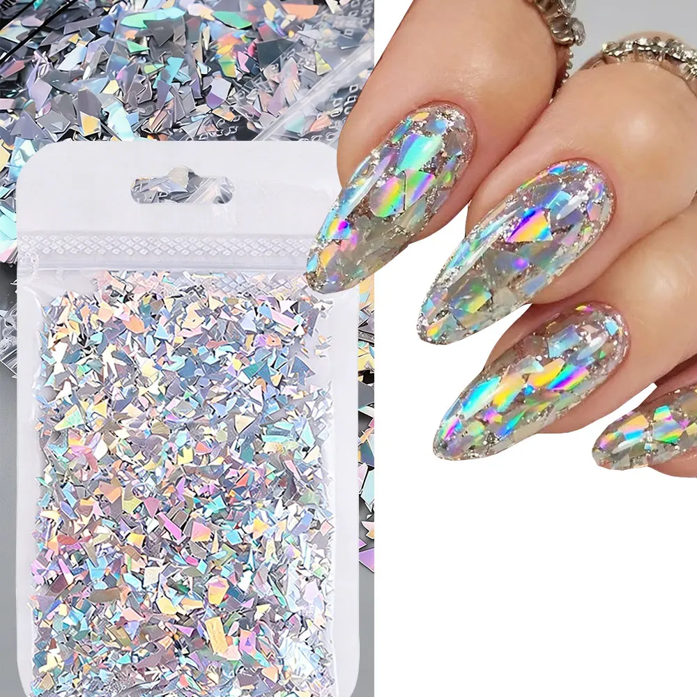 

1bag 3D Holographic Irregular Chunky Glitter Nail Flakes Sparkly Ultra-thin Laser Silver Nail Sequins Iridescent Nail Charm 2.5g