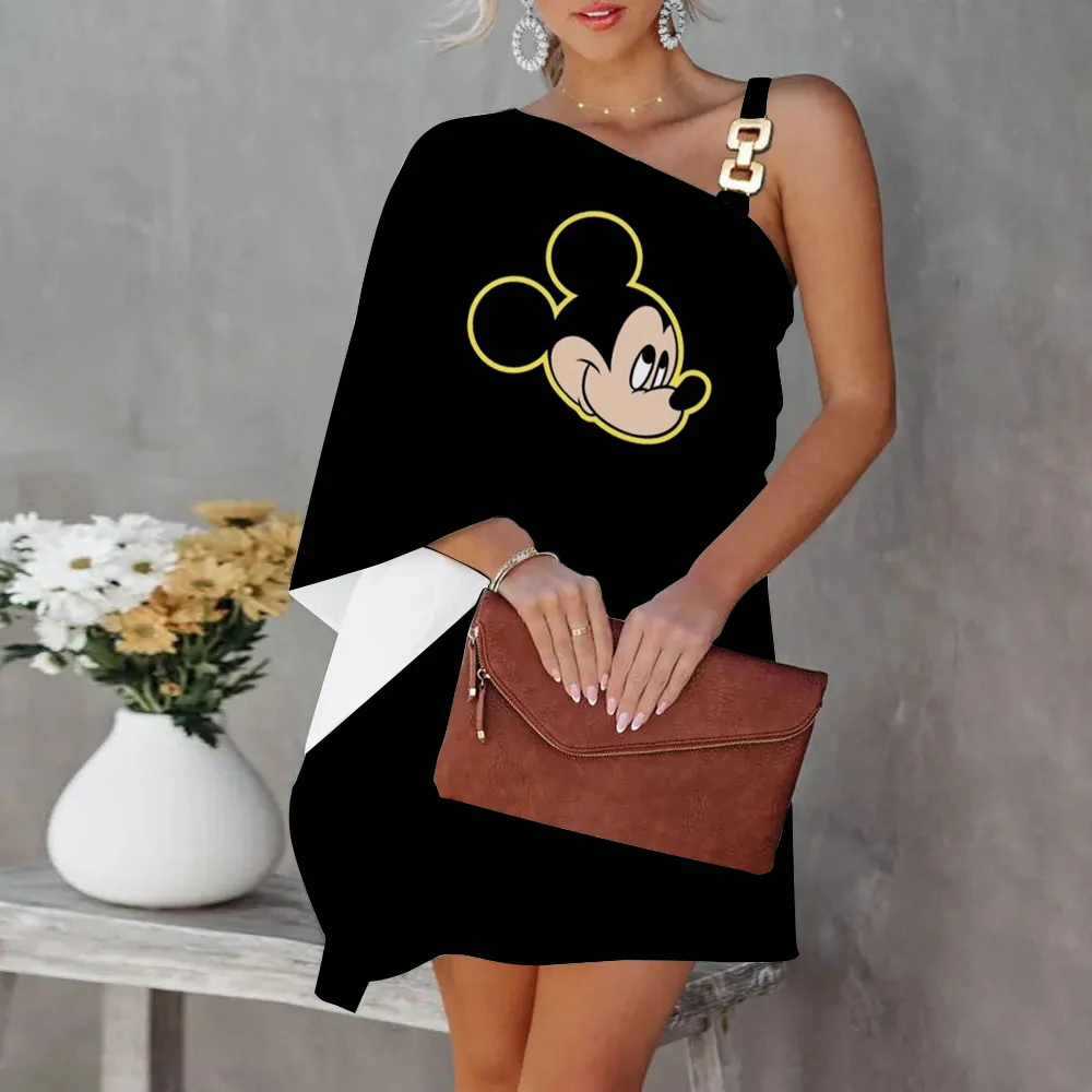 

Mini Dress Diagonal Collar Summer Dresses Woman 2022 Offer Sexy Dress for Women One-Shoulder Mickey Minnie Mouse Disney Elegant