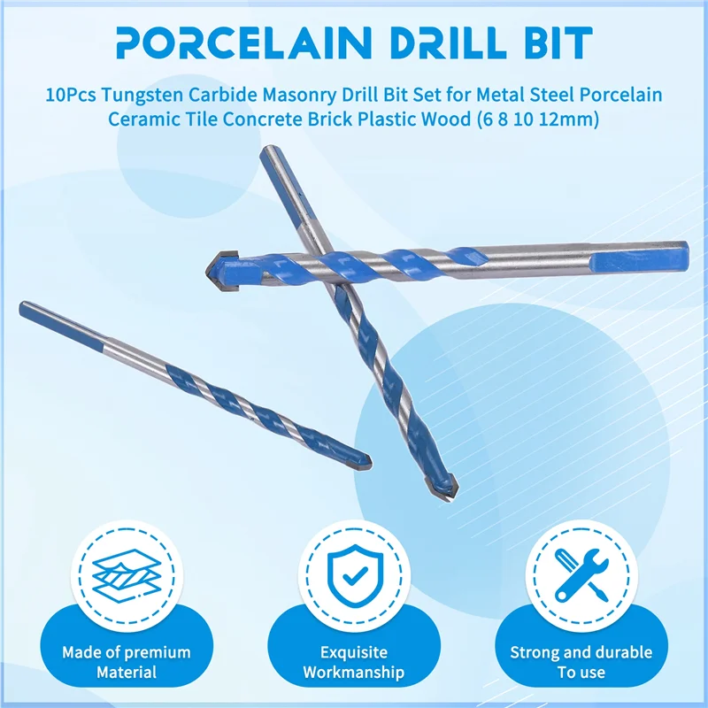 

B17B 10Pcs Tungsten Carbide Masonry Drill Bit Set For Metal Steel Porcelain Tile Concrete Brick Plastic Wood (6 8 10 12M