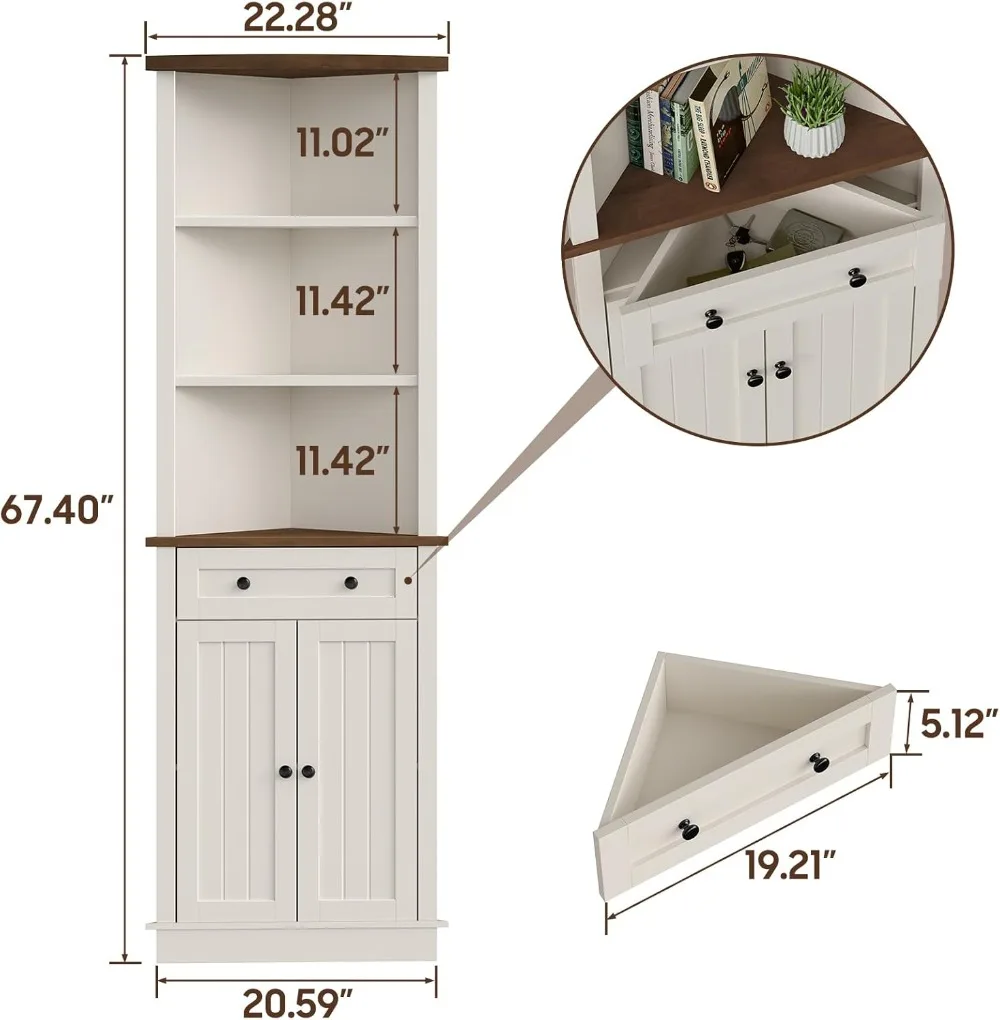 Tall Corner Bathroom Storage Cabinet with Small Drawer for Bathroom, Kitchen, Living Room, Rustic Style Cabinet, White