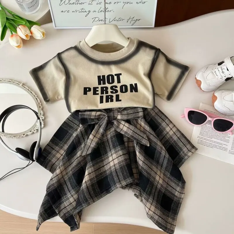 

Girls Clothing Sets for Summer Kids Letter Print Short Sleeve Cotton T Shirt and Bow Skirts 2 Pcs Suit
