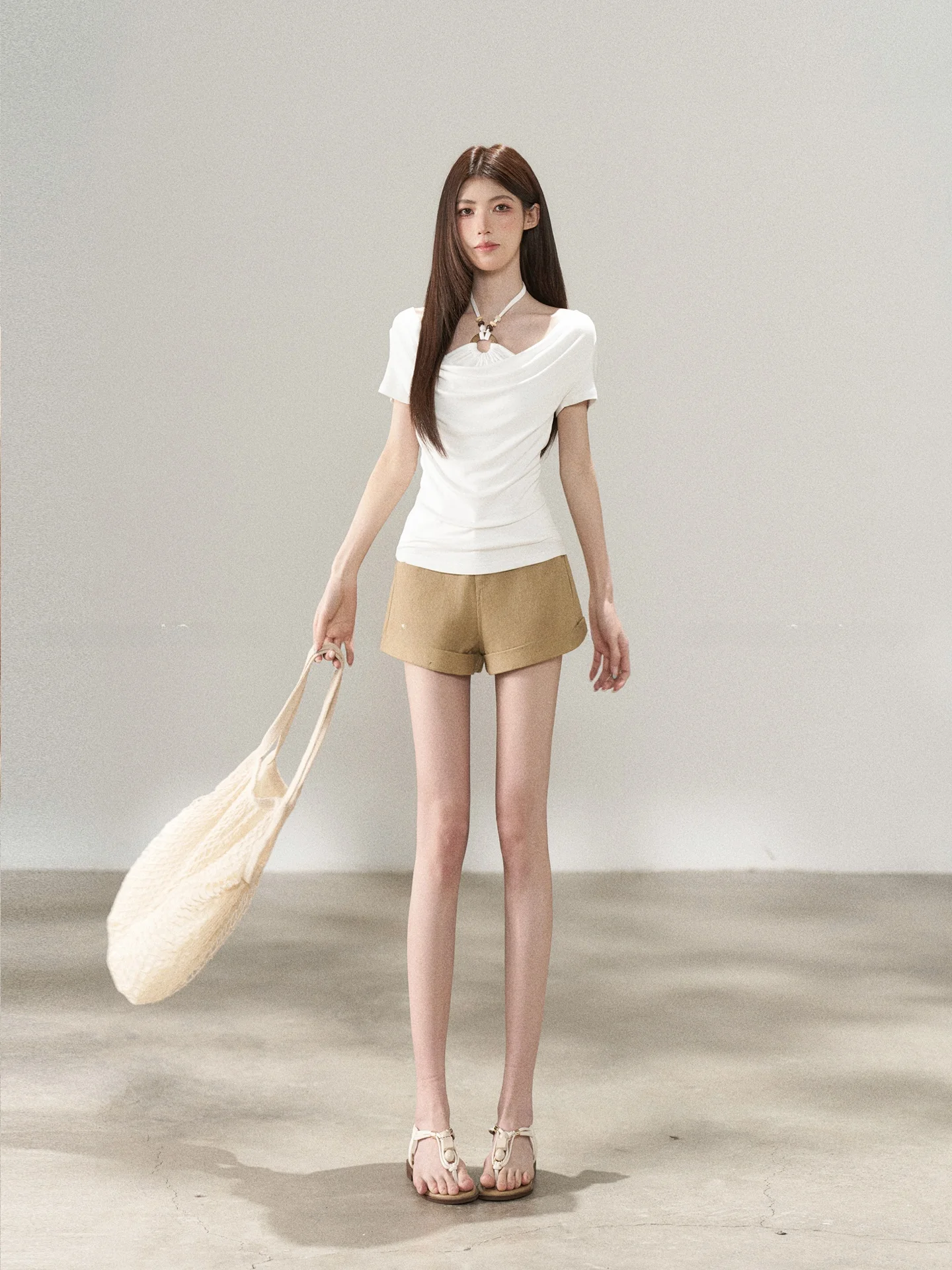 

Summer Slimming High Waist Women's T-Shirt And Shorts Set Casual Neck Hanging Design Breathable Lightweight Pure Color