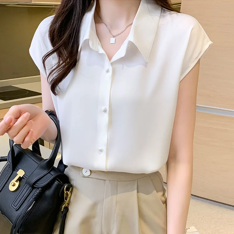 

New Summer White Short Sleeve Chiffon Women Shirt Blouse Turn Down Collar Shirt Blouse Women Tops Blusas Para Mujer Shirts Q4726