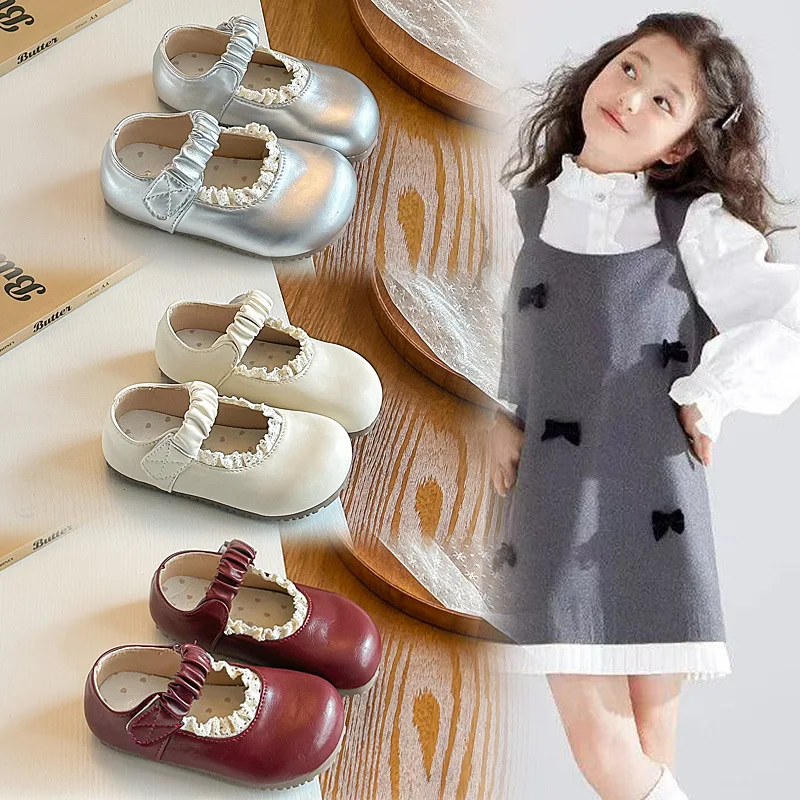 

Детские туфли-мэриджейн из кожи, с круглым носком, на мягкой подошве, с милым кружевом, в стиле принцессы, универсальные, новинка 2026 года