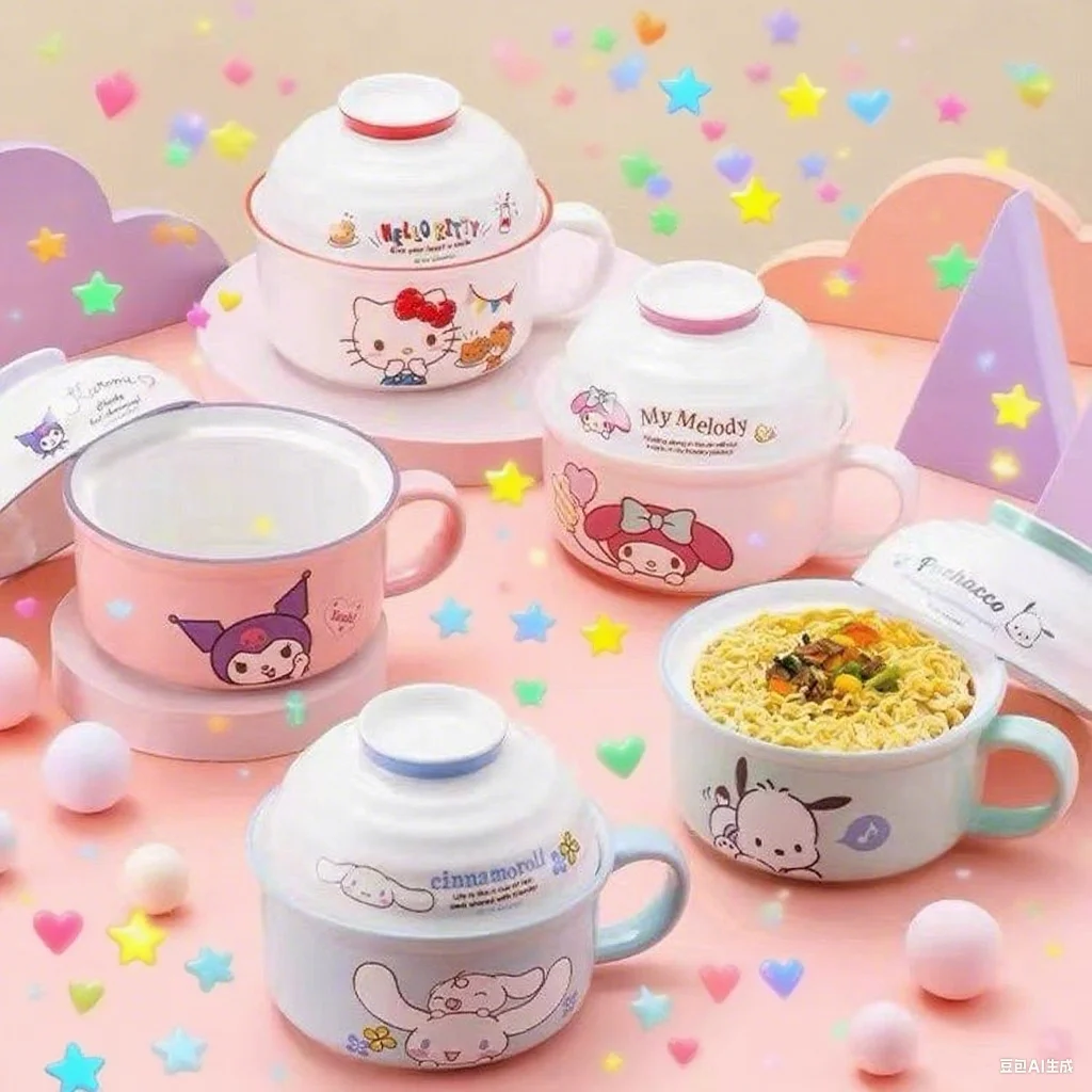 Nowa Kreskówkowa Miska na Nudle Instant Śliczna Sanrio Kawaii Studencka Miska na Owoce do Akademika Kuchenka Mikrofalowa Ceramiczna Miska z Pokrywką Prezenty Zabawki