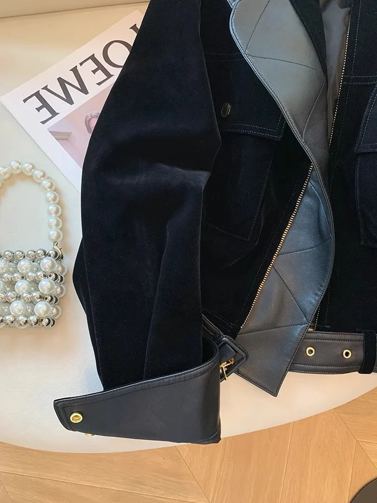 

New Retro Black Stand Up Collar Velvet Short Jacket Women's Spring Autumn Zipper Jacket Motorcycle Suit Spicy Girl Style