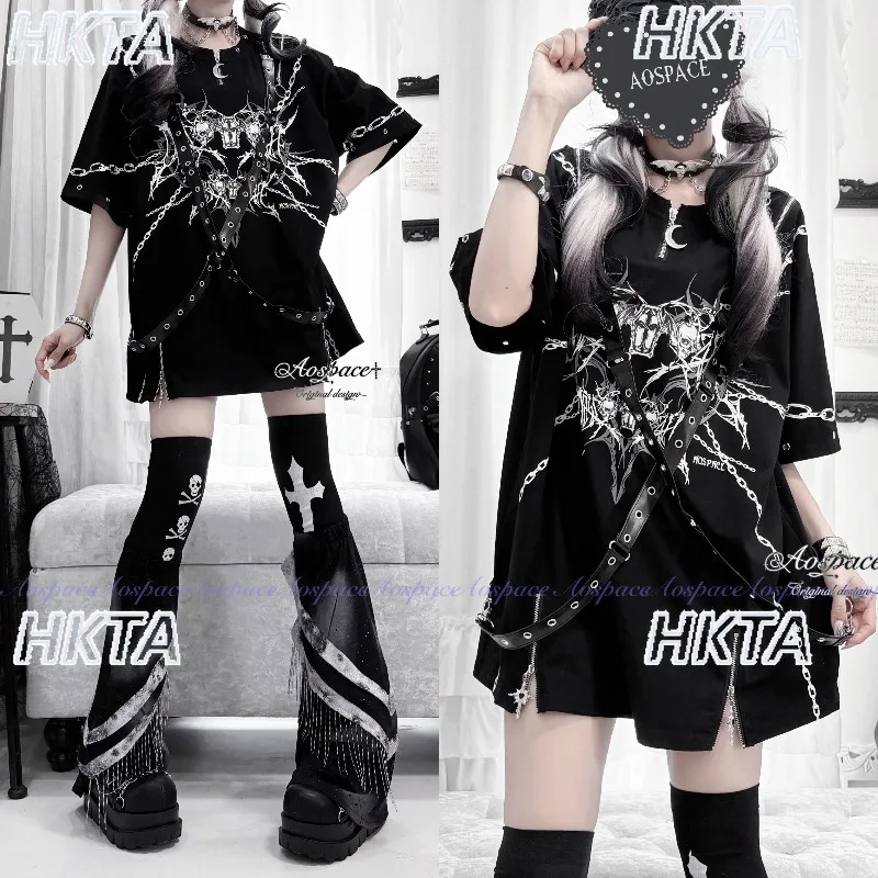 Original Subculture Goth Y2k Top Halloween Skeleton Dark Short-sleeve Tshirt Women Summer Loose Casual Cosplay Aesthetic Clothes