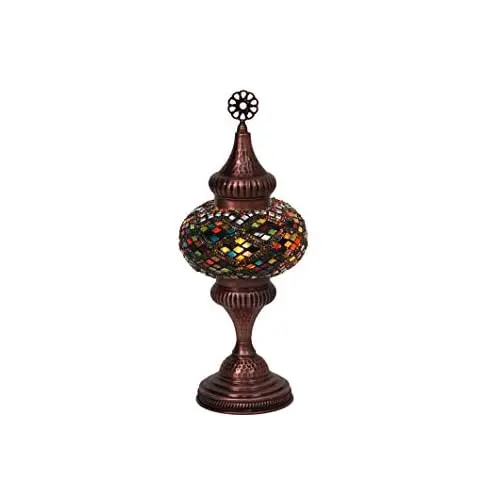 LaModaHome English Moroccan Handmade Mosaic Glass Table Lamp Light with Decorative Polished Copper Fixture for Bedroom, Livingro