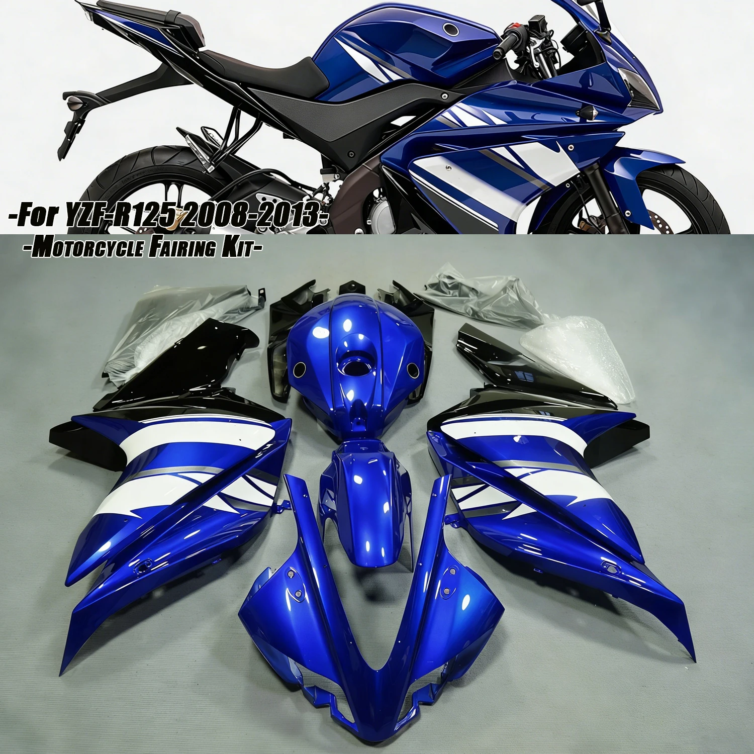 Fit for Yamaha Yzf-R125 2008-2013 2014-2018 Motorcycle Plastics Fairing Kit Injection Mold Bodywork Panel Kit Blue Black 09 10