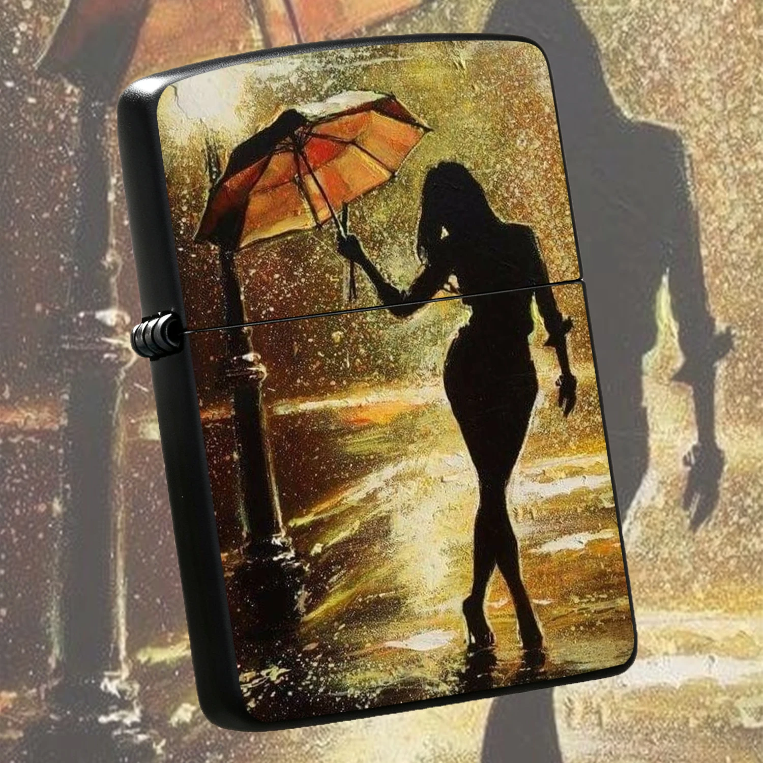 Artistic Lighter With Retro Rainy Night Umbrella Lady Silhouette Painting, Warm Streetlight Scenery Print Portable Daily Use Igniter, Exquisite Atmospheric Practical Item, Perfect For Daily Carrying, Gifting On All Occasions, Cozy Aesthetic