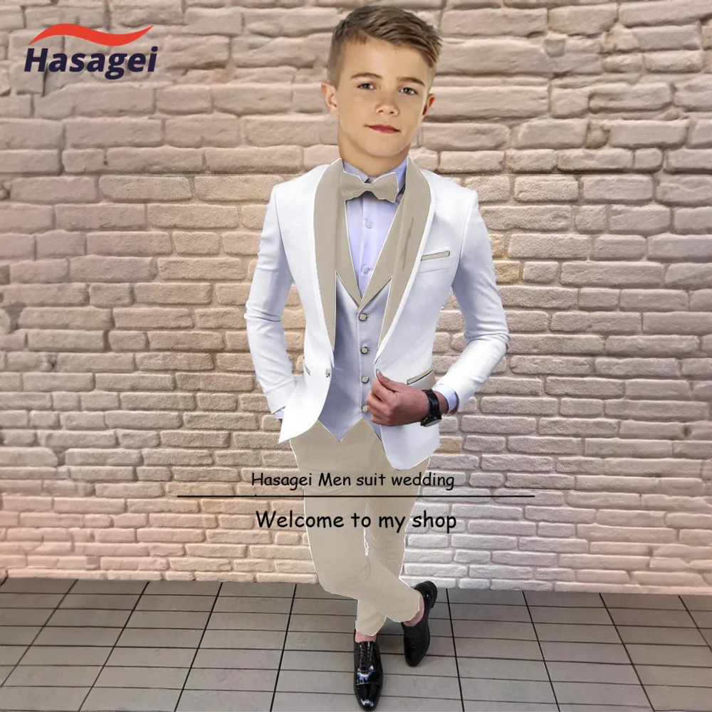 Suit for Boys White Jacket Green Collar Three Piece Wedding Kids Tuxedo Formal Party Clothes 2-16 Years Old Children