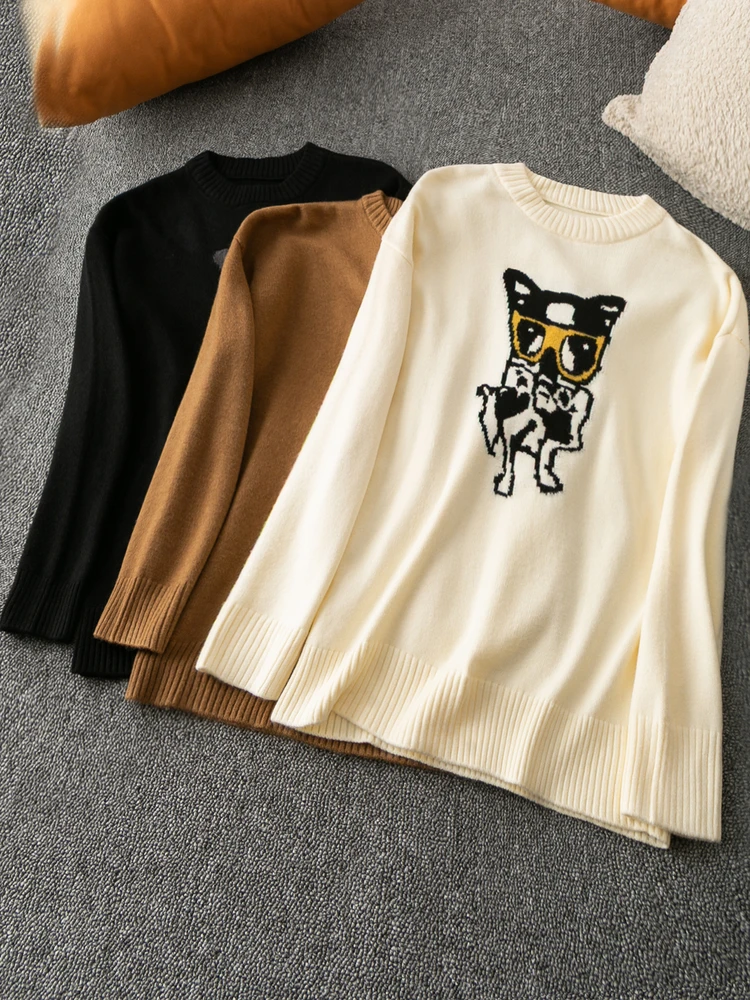 

Adorable Korean Sle Knitted Long Sve round Ne Sweater Comfortable Warm Polyester Fiber Printed Overhead Women's Faion