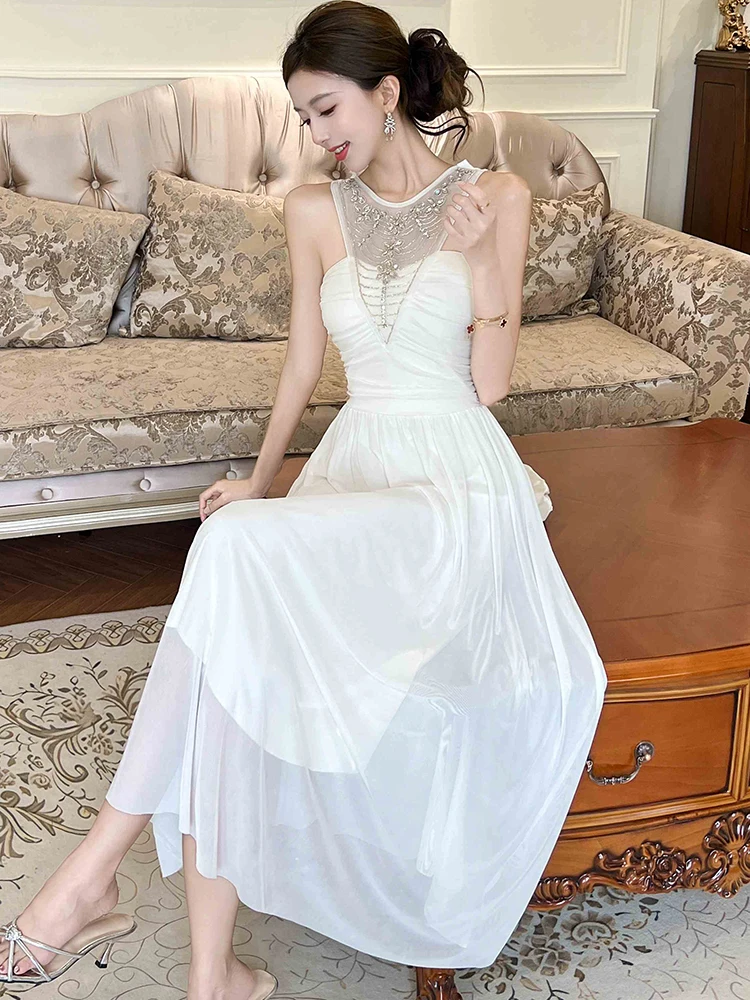 Summer White Patchwork Mesh Diamonds Neck-mounted Sexy Dress Women Elegant Luxury Long Dress 2025 Korean Bodycon Party Vestidos