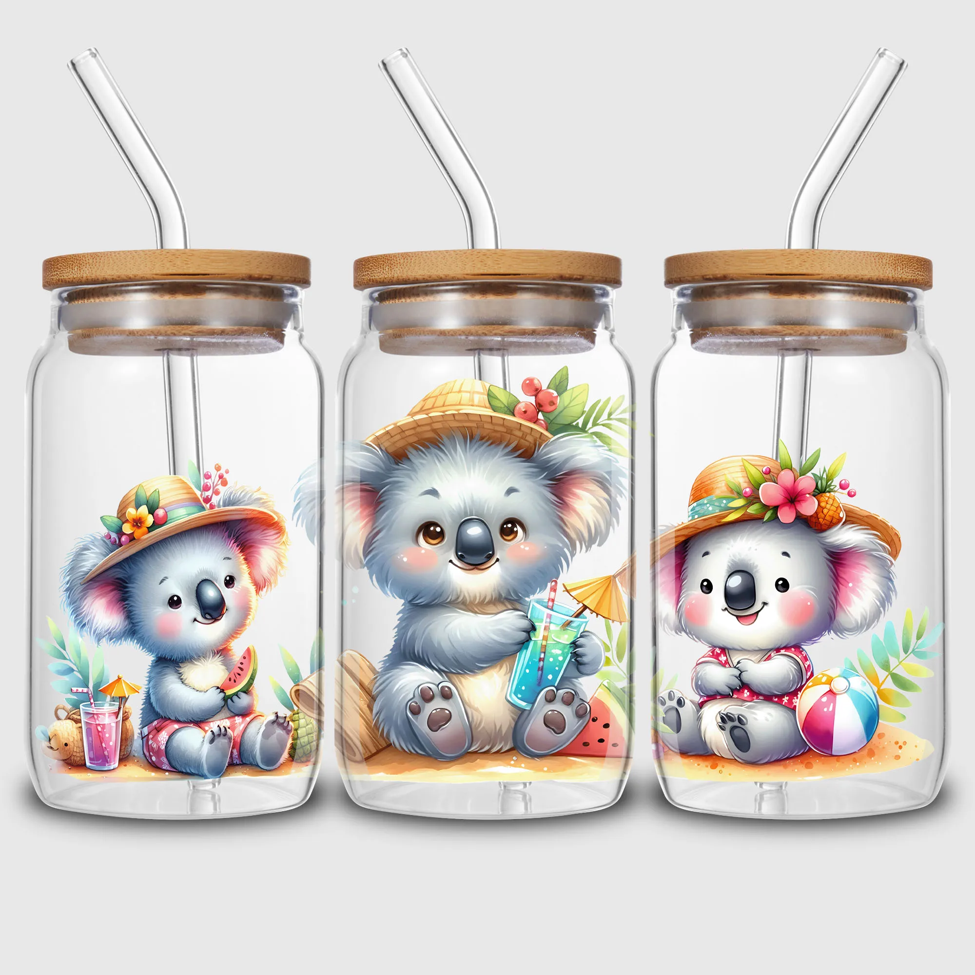5 sheets Koala UV DTF Cup Pack for 16 oz Glass, Waterproof Hot Summer Beautiful Design UV DTF Stickers for 16 oz Glass, DIY