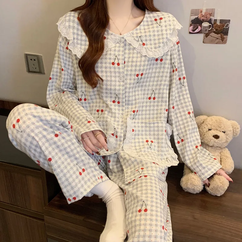 

Sweet Cherry Nightdress for Young Ladies Spring Edition Long-Sleeved Relaxed-Fit Cloud-Print Cotton Student Pyjamas Homewear Set