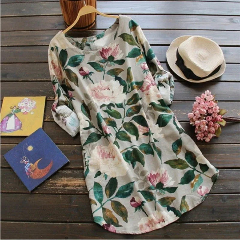 2024 New Women Loose Floral Print Dress Ladies Mini Dress Summer Casual Party Dresses Long Sleeve Dress Plus Size