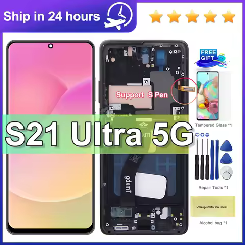 Tested S21 Ultra LCD Display Touch Screen Digitizer Assembly Replacement For Samsung S21 Ultra G998B G998U Display with Frame