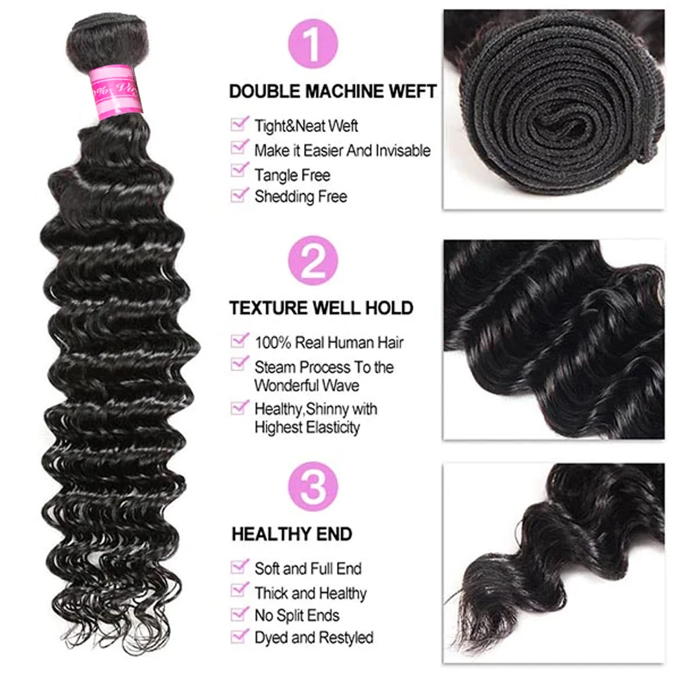 Vanlov Human Hair Bundles Deep Wave Hair Bundles Malaysian Hair Weave Bundles Deep Curly Hair 1/3/4 Bundles Weave Hair Extension