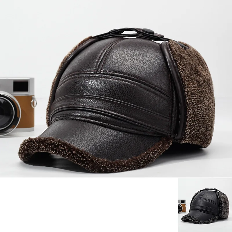 2026New PU Leather Winter Men's New Padded Warm Dad Old Man Leather Cap Middle-aged Windproof Ear Protection Duck Tongue Cap