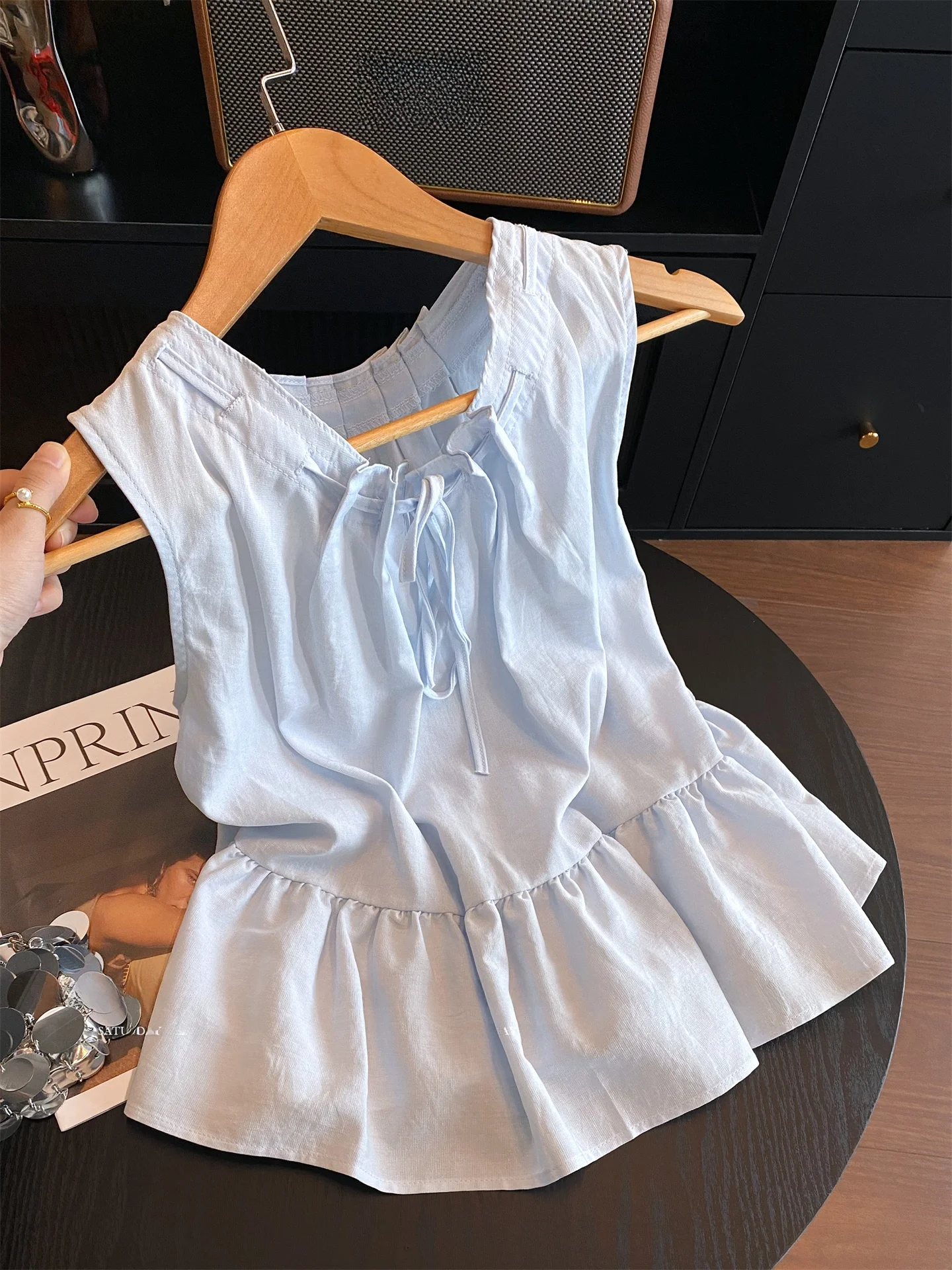 

Синяя кружевная отделка, круглый жилет Ne Svel, женский летний новый нежный топ, повседневный свободный крой с высокой талией