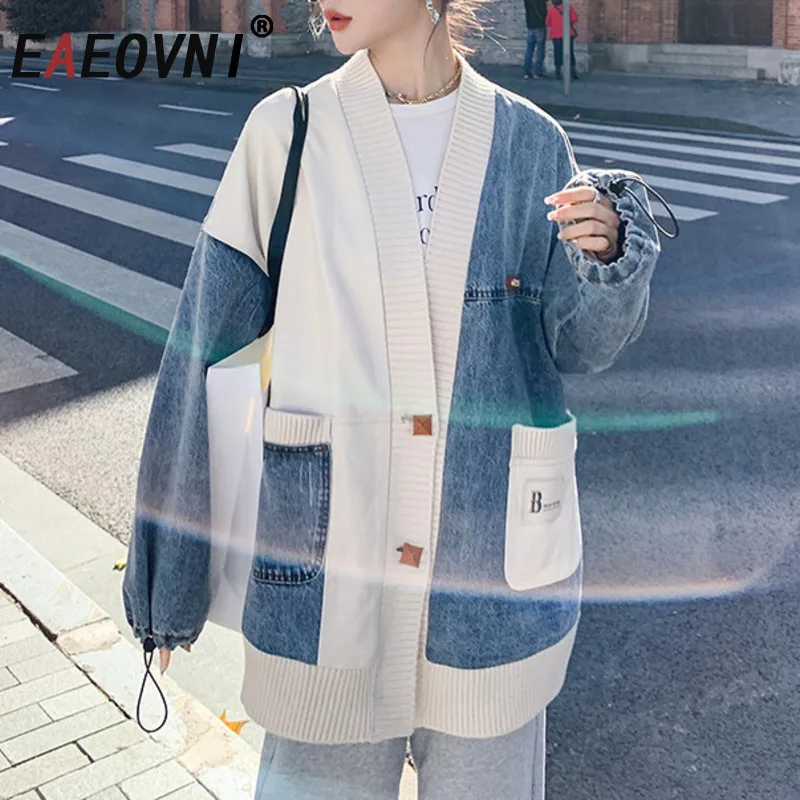 

EAEOVNI Denim Patchwork Knitted Cardigan Coat Women Fashion Contrast Color Pockets Button Sweater Jacket Winter New Clothing