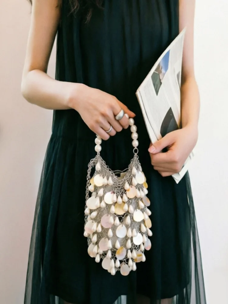 Hand Woven Natural Shell Piece Handbag Women Tassel Hollow Out Metalic Chain Crossbody Bag Droplet Shaped Pearl Shoulder Bag