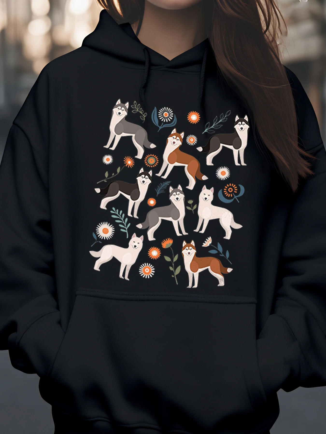 

Толстовка с капюшоном с цветочным принтом Husky Dogs, зимняя праздничная повседневная одежда, женская мода