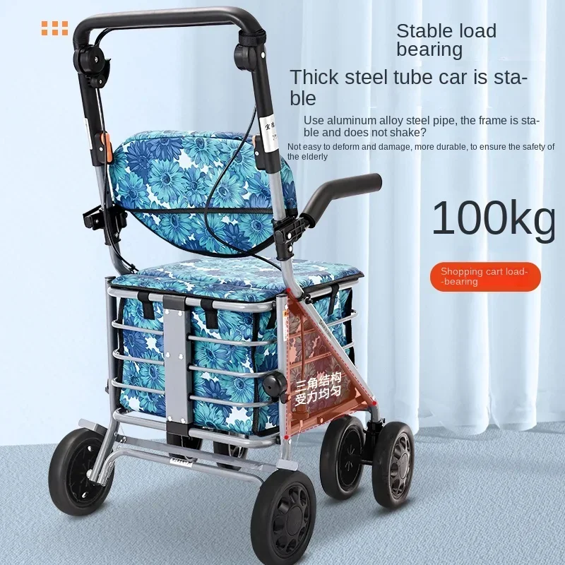 Lightweight Folding Elderly Shopping Cart, Carbon Steel Frame, Walking Scooter, Rubber Four-Wheel Aid, Folding Mobility Cart