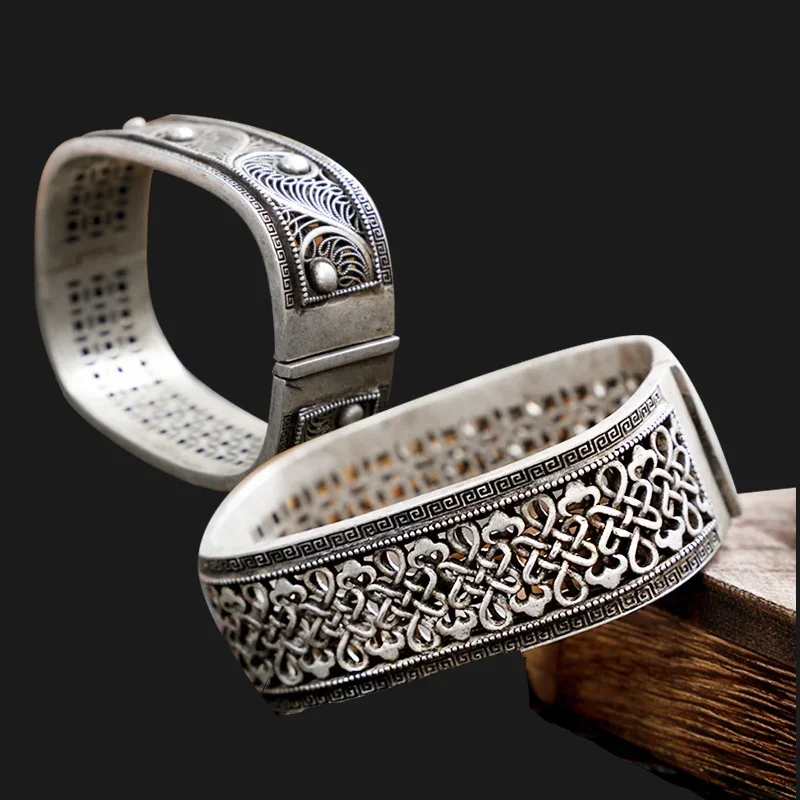 Jiale/ Chinese Old Tibetan Silver Wide Body Hollow Filigree Welded Opening Transfer Bracelet Men Women Couples Personalized Gift