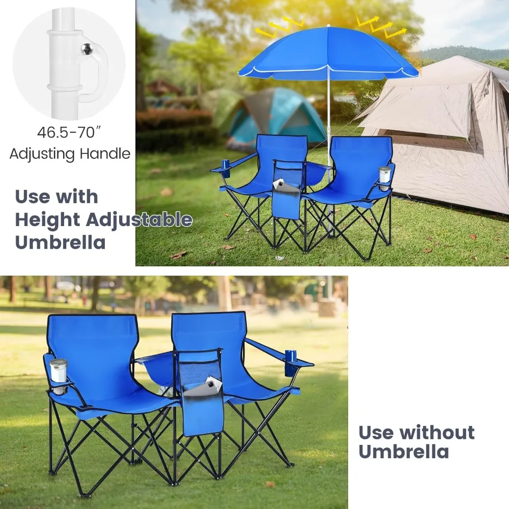 Double Camping Chair, Folding Camp Chair with Removable Umbrella, Cup Holders, Cooler Bag, Side Pocket & Carry Bag, 2-Person