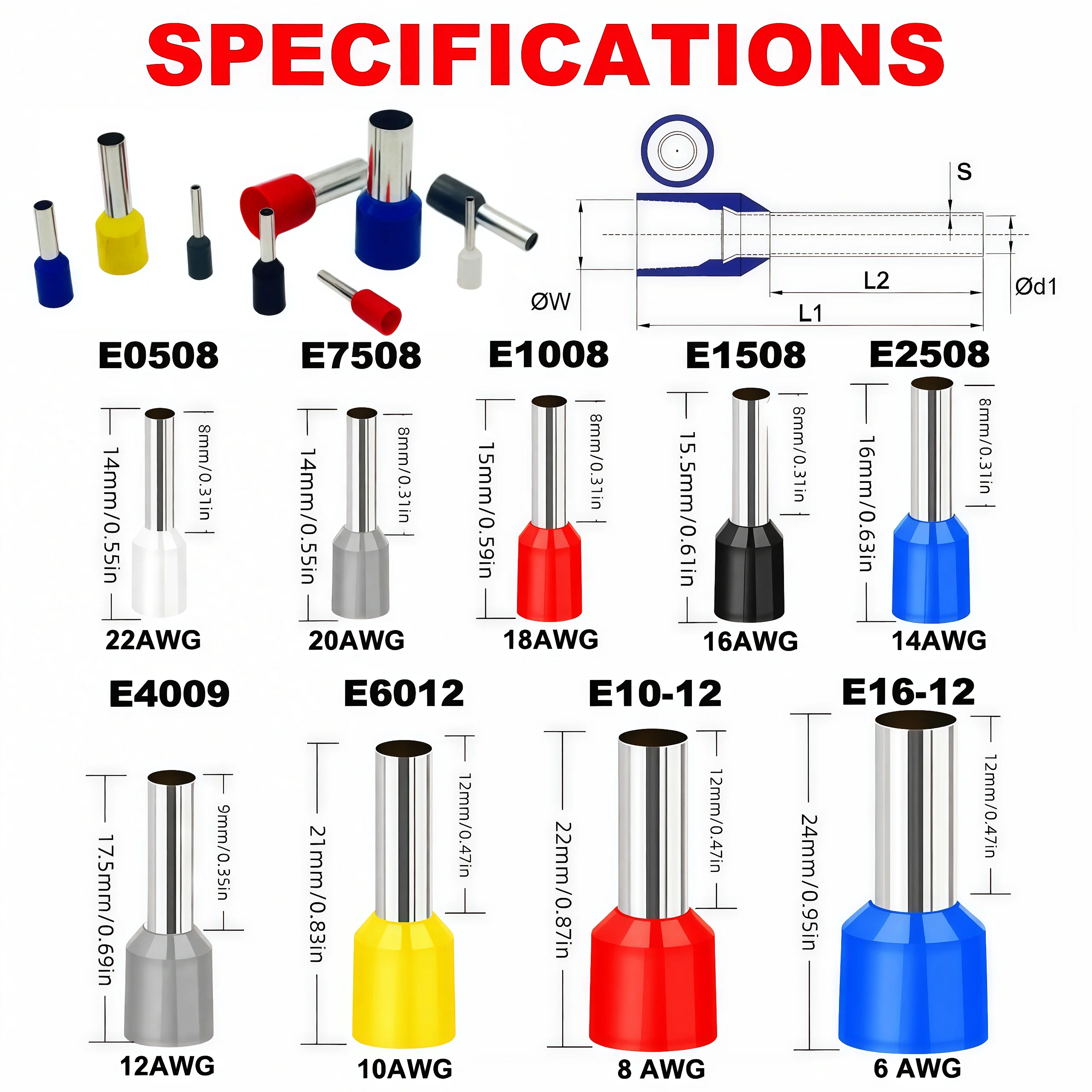 500/200pcs Wire Ferrule Terminal, 9 Different Specifications Multiple Colors Ferrule Connector 22-6AWG 0.5-16mm²