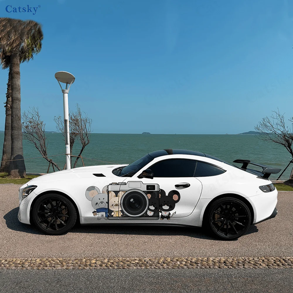 Three cute mice and a camera, IP Image, PVC Material, Suitable for Most Vehicles, Side Decorative Sticker, Waterproof and Scratc