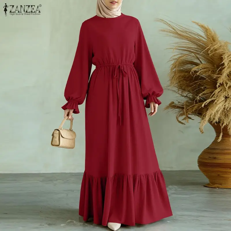 ZANZEA Eid Abito Elegante Abaya Musulmano Abito Elegante Donna Manica Lunga Orlo Increspato Vestito Estivo Del Partito Solido Abito Da Lavoro Caftano Ramadan