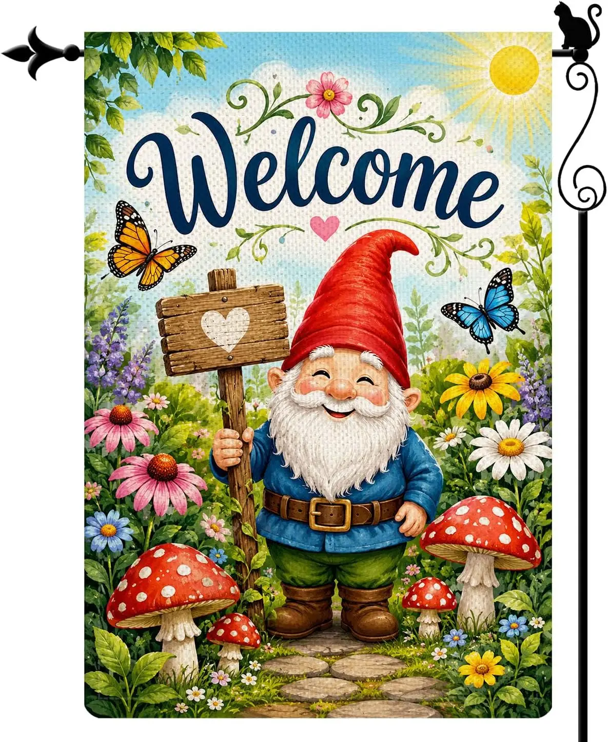 Welcome Garden Gnome Mushroom Garden Flag, Double Sided 12 x 18 Inch Burlap Outdoor Yard Flag for Porch Patio Lawn Decor kkz