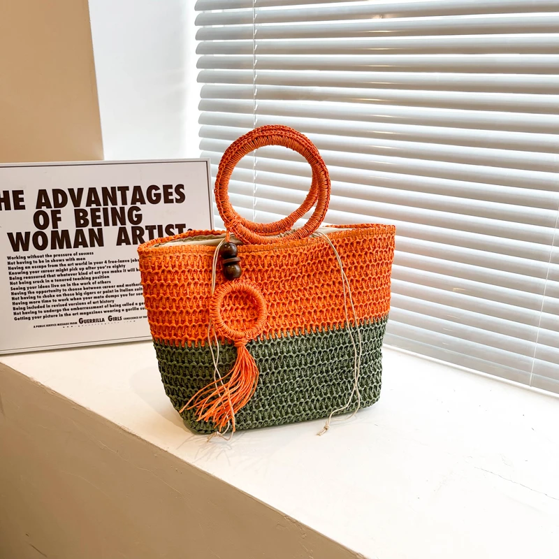 Sac à main tissé en paille pour femmes, fourre-tout de plage, style panier de légumes, sacoche bohème, pochette tissée en rotin