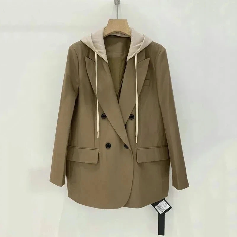 Spring Autumn New Women Fashion Jackets Khaki Hooded Suit Coat Female Korean Loose Double-Breasted Casual Wild Ladies Blazer Top