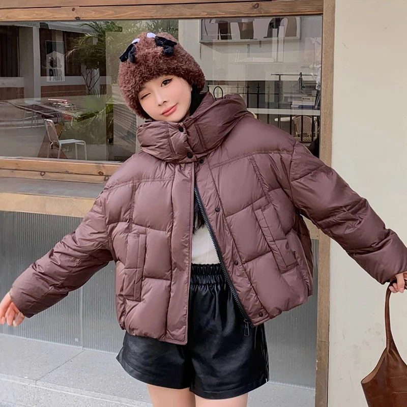 

Winter Short Hooded Solid Parker Down Jacket Female Zipper Drawstring Thicken Outwears Women White Duck Down Warm Puff Jackets