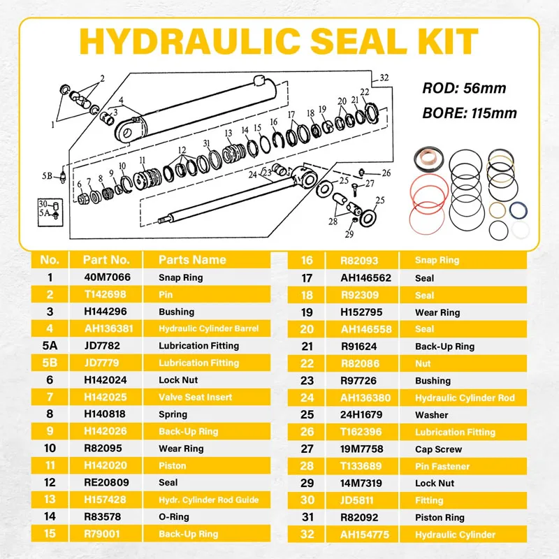 AH154775 Hydraulic Seal Kit Fit for John Deere 310D 315D 410D Backhoe Boom Cylinder (Rod: 56mm BORE: 115mm)