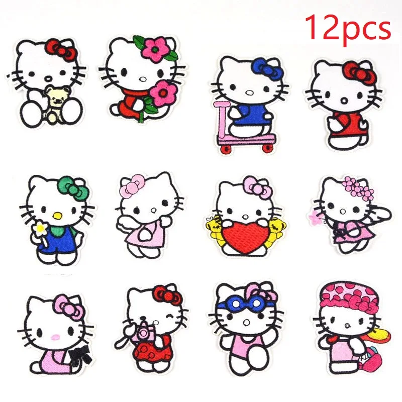

12Pcs Cartoon Hello Kitty Iron on Patch Cute Embroidered KT Cat Sticker for DIY Jeans Child Clothes Sewing kids Coat Patches