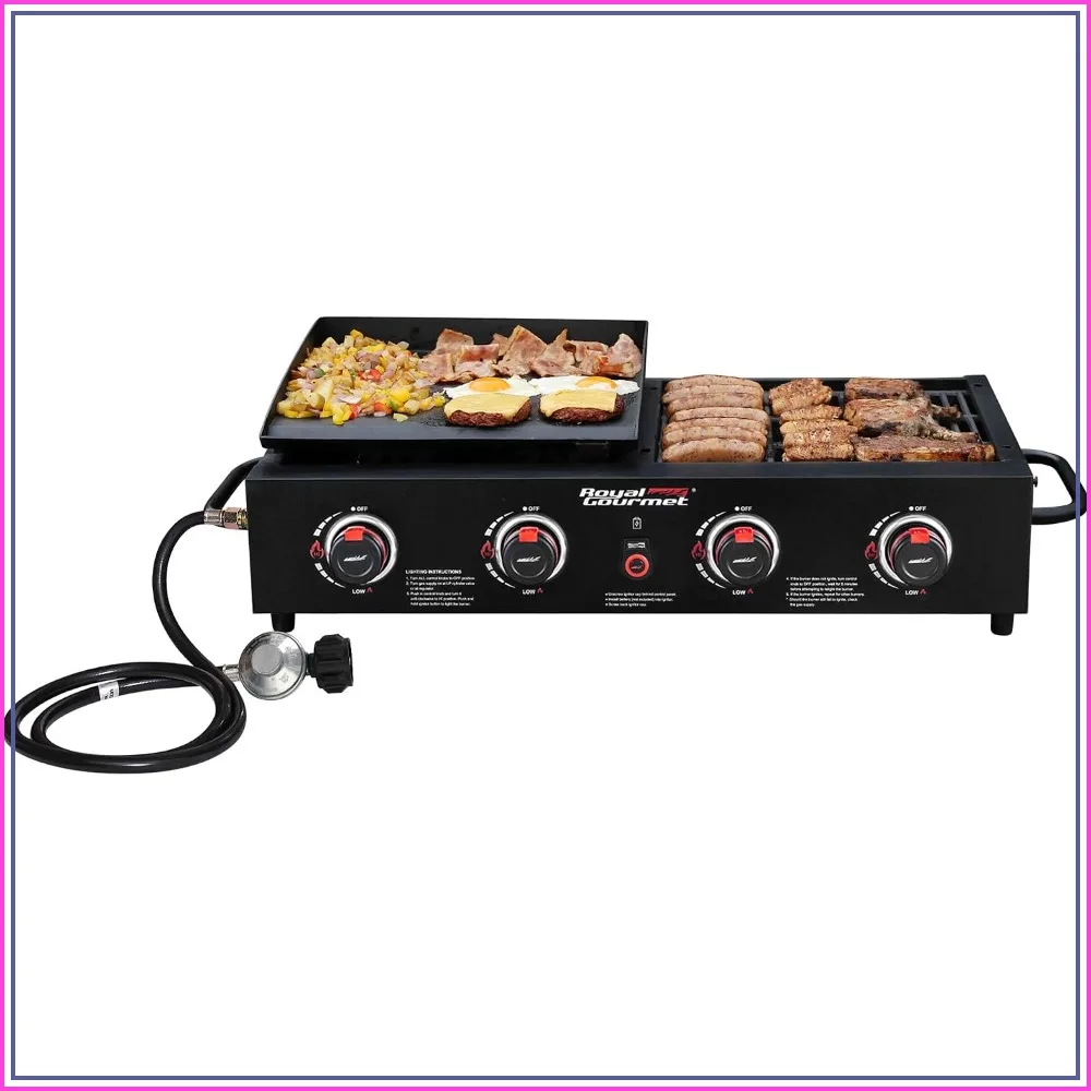 Portable Tabletop Grill & Griddle Combo Bronze Gold for Camping Picnic BBQ