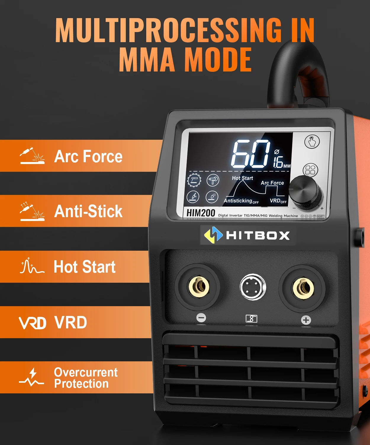 Imagem -04 - Hitbox em Mig Máquina de Solda sem Gás com Proteção a Gás Him200 Tensão Única 110 220v Mig Mma Lift Tig Soldador